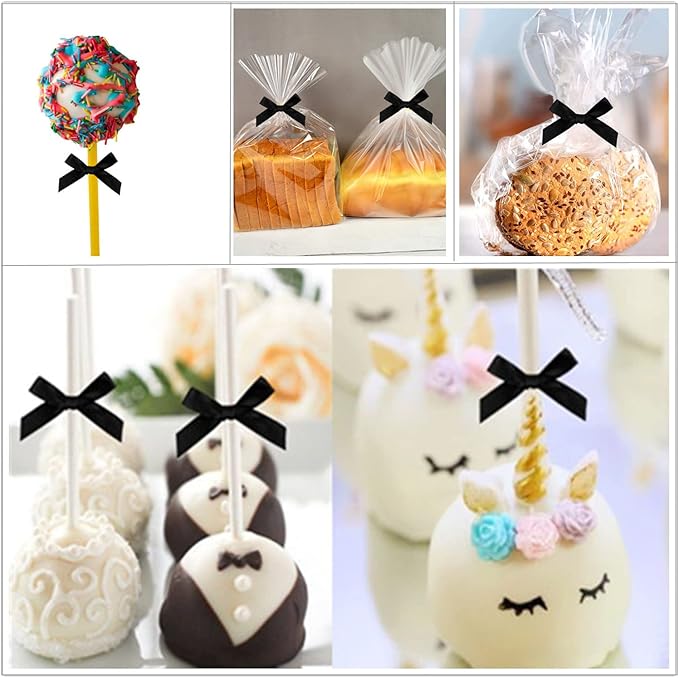 50 PCS 3 Inch Black Twist Bows for Treat Bags, Satin Twist Tie Bows, Pre Tied Bows with Wire, Ribbon Bows with Twist Ties, Bow Ties for Gift Bags, Popcorn Bags, Cookie Bags, Party Favors