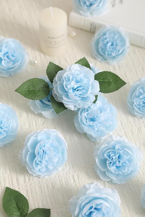 12 PCS Artificial Silk Blue Peony Flowers with Stems - 8 Inch Fake Peony Bouquet for Wedding, Home Decor, Office Table, Festival Gifts