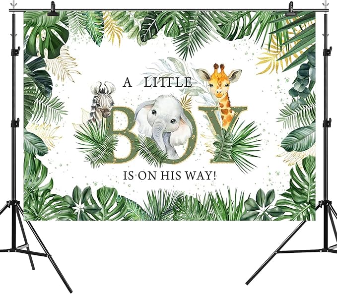 9x6ft Baby Shower Backdrop A Little Boy is On His Way Photography Background Jungle Animals Elephant Giraffe Green Gold Leaves Kids Party Banner Decorations Newborn Parties Photo Booth Prop