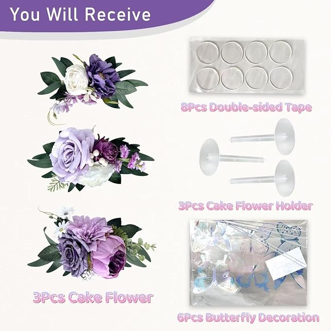 Pre-Made Silk Flowers for Cakes Decorations Light Lavender Dusty Purple Artificial Rose Peony Wedding Cake Toppers Decorating Fake Floral Anniversary Birthday Party Arrangements Table