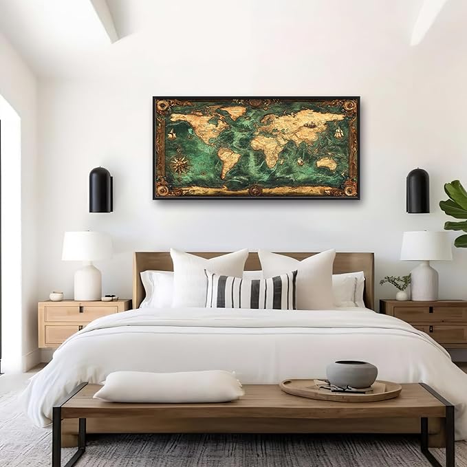 Vintage World Map Large Wall Art Nautical Framed Wall Decor for Living Room, Map Pictures Oversized Canvas Print Painting Modern Extra Large Framed Artwork for Bedroom Office Home Decor 60"x30"