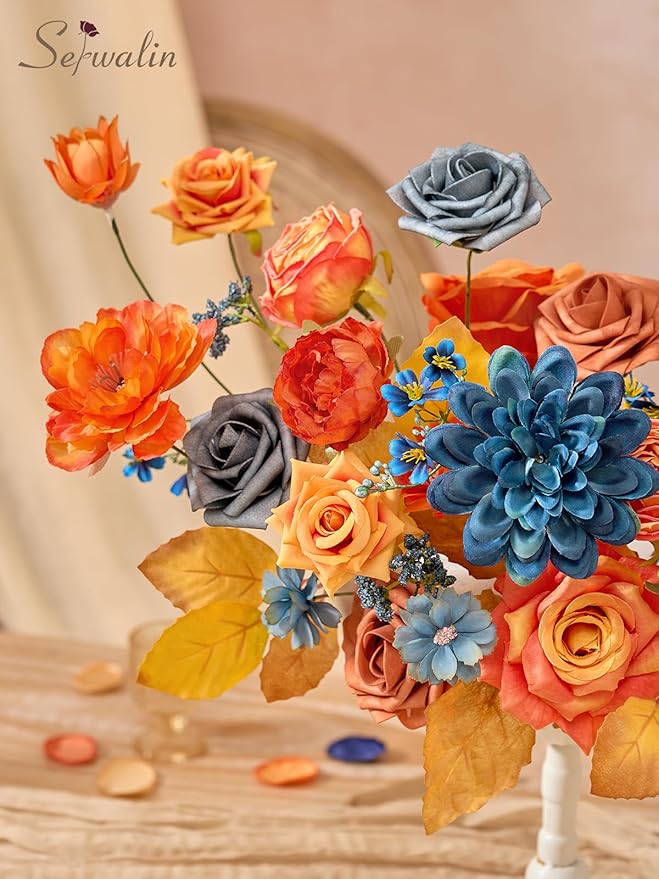 Serwalin Fall Flowers Artificial, Orange Silk Flowers with Stems, Fake Roses Blue Dahia Flower for Wedding Bouquets Bridal Baby Shower Party Arrangment Cake Floral Decoration