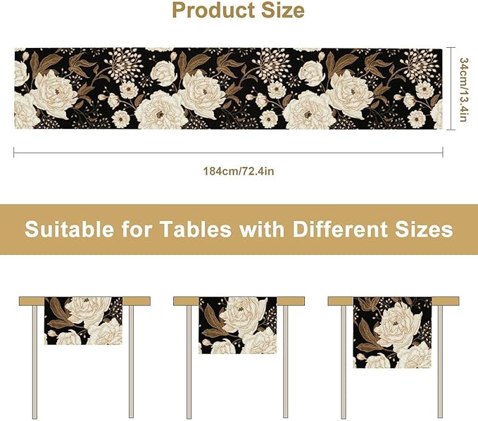Vintage Flowers Table Runner,Black Gold Peony Rose Print Table Runner for Home Kitchen Table Dining Indoor Outdoor Party Decor 13x120 Inch
