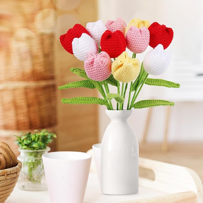 YoungJoy Crochet Rose 12 Pcs Handmade Knitted Flowers Tulip Sunflower Daisy Heart Artificial Knitted Floral Mother Day Graduation Home Decor(Cute Tulip A)