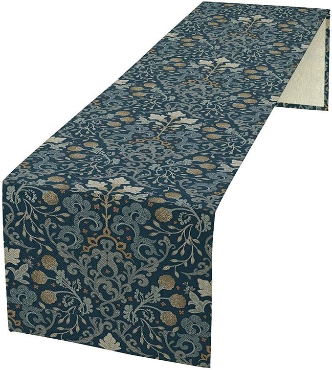 Vintage William Morris Table Runner, Rustic Country Farmhouse Blue Botanical Floral Boho Table Runner for Kitchen Dining Home Party Wedding, 13x60 Inch