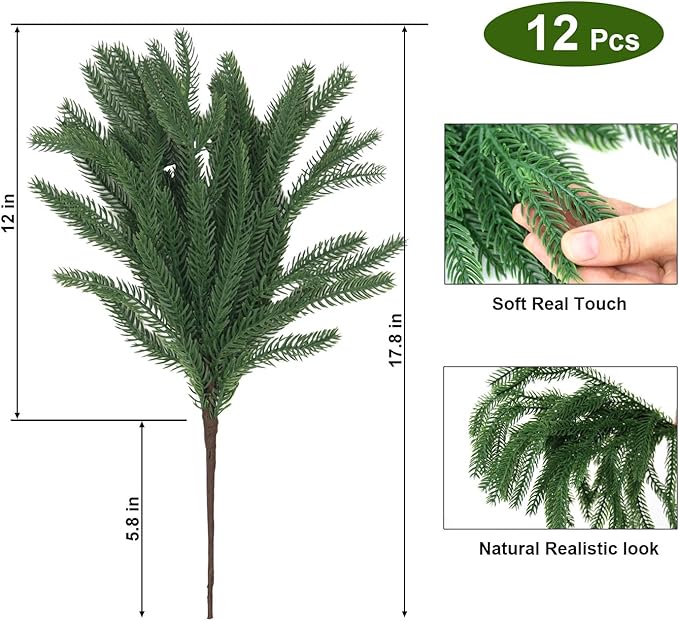 12 Pcs Christmas Norfolk Pine Branches Real Touch Norfolk Pine Stems Picks Faux Greenery Holiday Evergreen Stems for Vase DIY Crafts Garland Wreath Home Decor - 18" Long