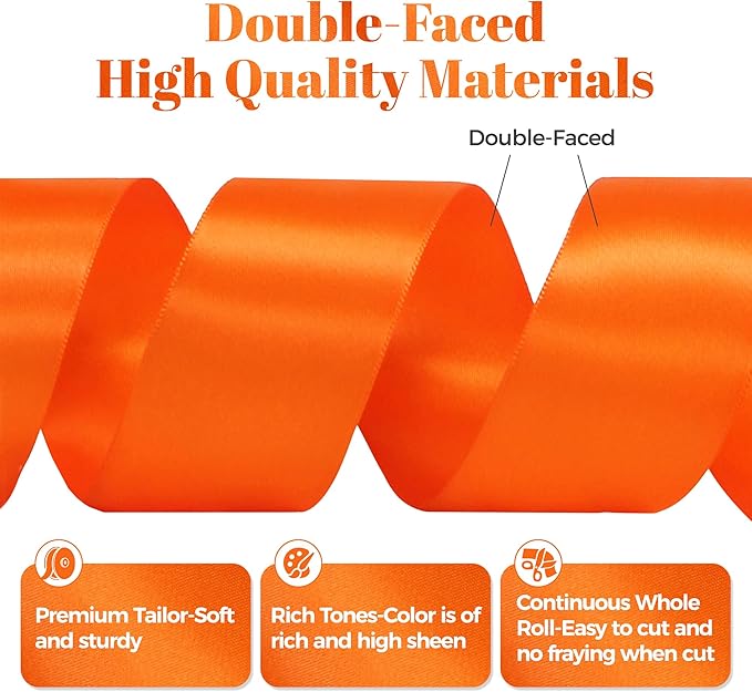 Orange Satin Ribbon, Double Faced 1-1/2 Inch X 50 Yards Orange Ribbon, Premium Satin Ribbon for Gift Wrapping, Crafts, Hair Bow Making, Sewing, Flower Bouquet, Wedding Party Decor