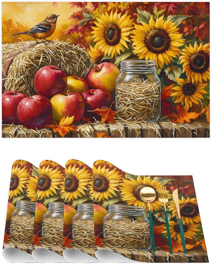 Autumn Apple Flower Sunflower Placemats Set of 4 PVC Vinyl Non Slip Table Mats Heat Resistant Place Mats Washable Wipeable Dining Table Mat for Kitchen Decor Party Indoor Outdoor Decorative Gift