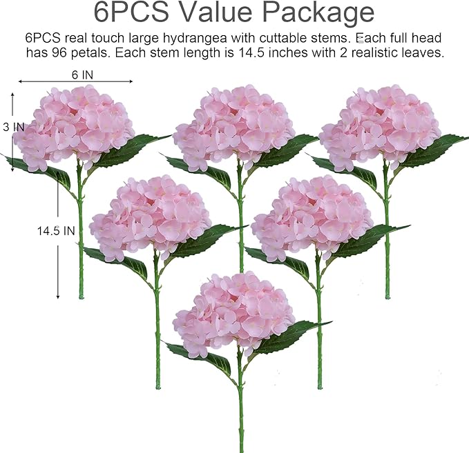 6PCS Premium Pink Hydrangea Artificial Silk Flowers, Lifelike Fake Hydrangea Head with Stems, Faux Floral Arrangements for Wedding Bouquets, Home Table Centerpieces, Party Decoration