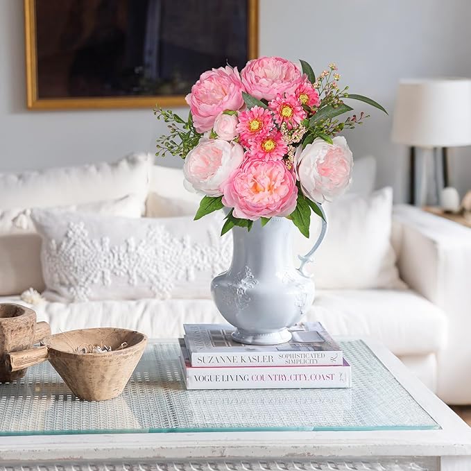 Hot Pink Flowers Artificial Peonies Silk Flowers with Stems 10PCS Realistic Fake Peony Daisies Long Faux Flowers for Vase Floral Centerpiece Arrangements Wedding DIY Bridal Bouquet Party Home Decor