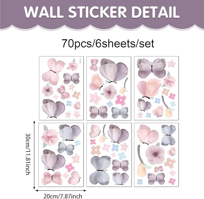 Watercolor Butterfly and Flower Wall Decals Peel and Stick - 70 PCS Flower Butterfly Wall Decor for Girls Room, Nursery, Kids Bedroom, Home Art Decals
