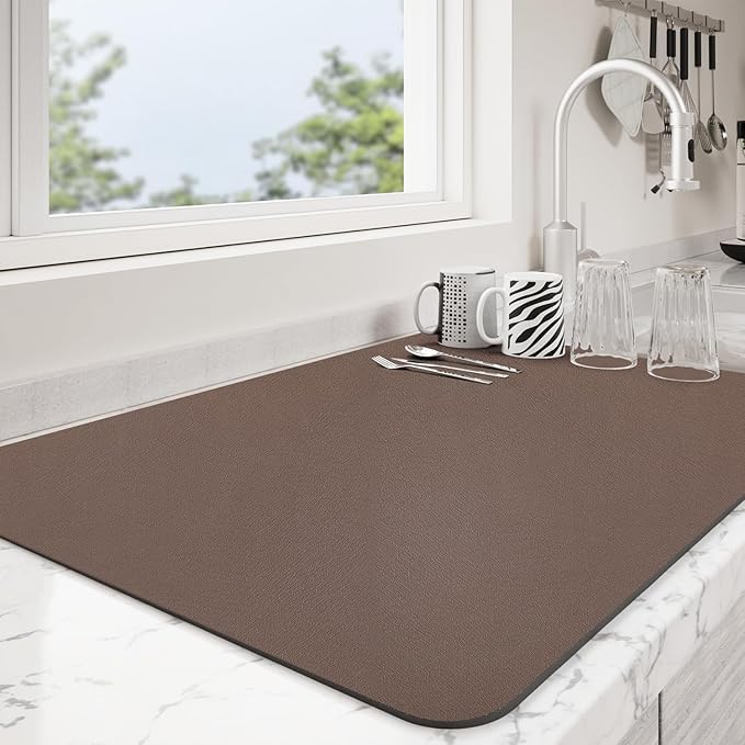 Dish Drying Mat for Kitchen Counter | Coffee Bar Mat for Countertops | Heat Resistant Drainer Mat with Non-slip Rubber Backed | Hide Stain Kitchen Absorbent Draining Mat | Brown 18"x28"
