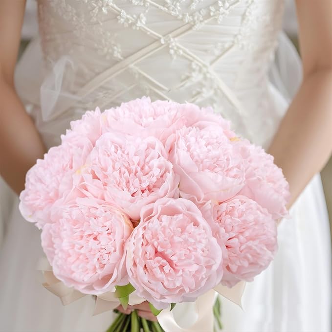 U'Artlines 2 Bouquet 10 Heads Artificial Peony Silk Flower Leaf Home Office Wedding Party Festival Bar Decor (Light Pink)