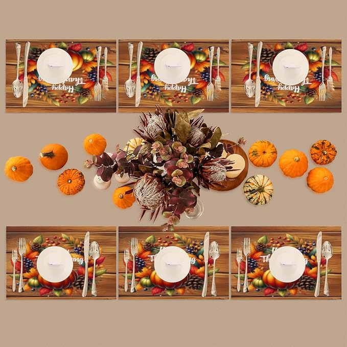 Thanksgiving Pumpkin Holiday Rainbow Placemats Set of 6 PVC Vinyl Non Slip Table Mats Heat Resistant Place Mats Washable Wipeable Dining Table Mat for Kitchen Party Indoor Outdoor Decorative Gift