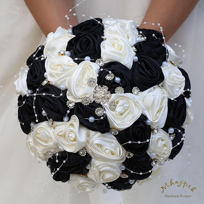 Bridal Wedding Bouquet Round Bling Brooch Bouquet Throw Toss Artificial Rose Flower Bunch for Bride Bridesmaid Wedding Quinceanera(Black & Ivory, 8.7")