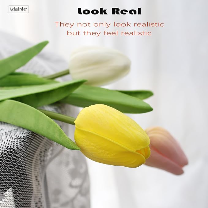 30pcs Tulips Artificial Flowers, Artificial Latex Real Touch Tulips Flowers Bouquet for Mother's Day Easter Wedding Party Home Decor-Mix 3 Color