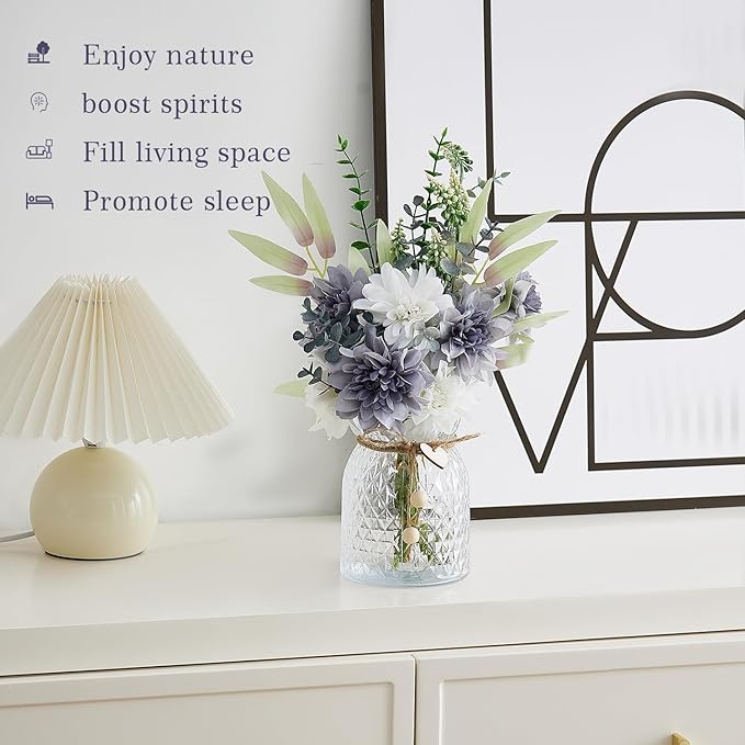 Artificial Flowers Combo Bue Wite Flowers Mix Silk Flowers Dahlia, fake flowers for Wedding Bridal Bouquets, Floral Arrangement, Table Centerpieces. Fake Plastic Flowers Bulk Vase Decoration