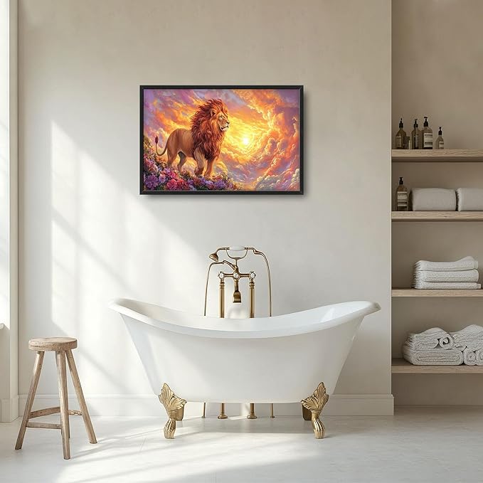 Lion Large Wall Art Animal Flower Pictures Wall Decor Sunset Floral Canvas Landscape Print Painting Modern Home Artwork Decoration for Bathroom Office Living Room Bedroom Framed 24"x36"
