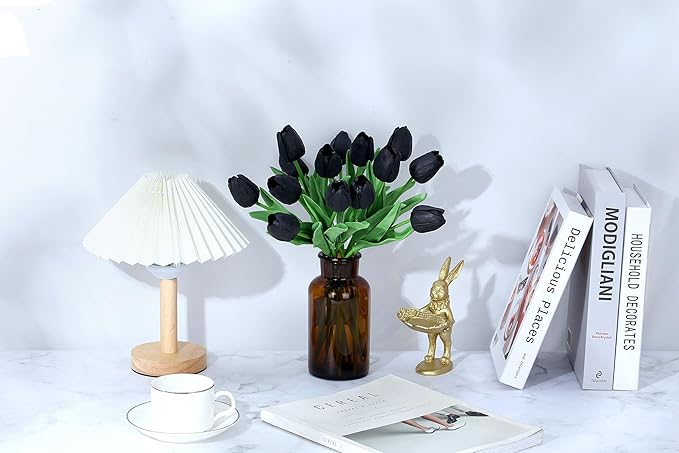 SITUMEIZI 15pcs Black Tulips Fake Artificial Flowers Real Touch 14" Silk Flower for Home Decor Easter Spring Wedding Bouquet Decorations Mother's Gift Day Floral Arrangements