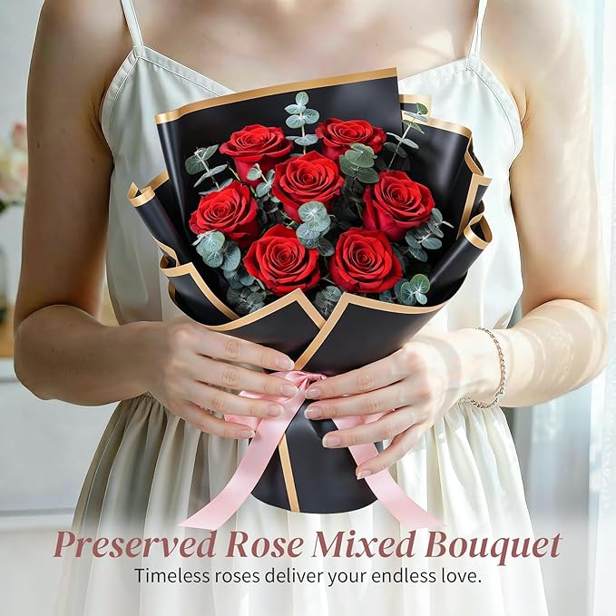 Lewondr Flower for Delivery, Preserved Flowers Bouquet, Red Roses Bouquet, Real Long-Lasting Forever Birthday Flowers Gifts for Her Wife Girlfriend Valentines Day Anniversary Mothers Day, Black-Red