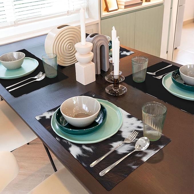 Vintage Cowhide Animal Placemats, Natural Rustic Farm Vintage Cow Animal Fur Texture Print Washable Fabric Placemats Table Kitchen Dining Party 12x18 Inch Set of 6
