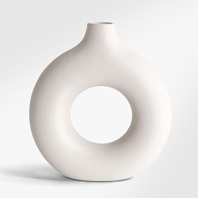 Cream White Ceramic Vase for Home Decor, Donut Vase for Pampas Grass, Dried Flowers, 7.6 Inch Minimalist Boho Flower Vases Decorative for Table, Shelf, Living Room, Dining Room, Farmhouse
