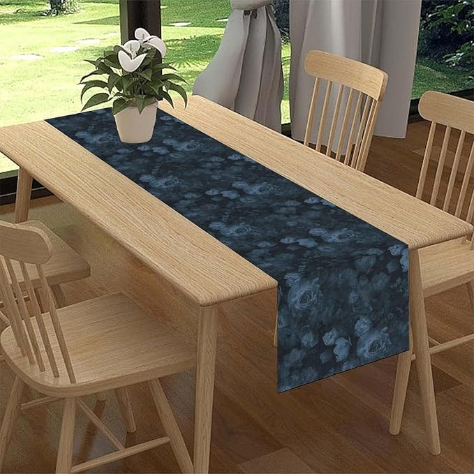 Gothic Floral Table Runner, Retro Dark Blue Flower Garden Witchy Rose Print Coffee Table Center Decor for Home Kitchen Dining Patio Holiday Party Indoor Outdoor Table Decorations 13x108 inches