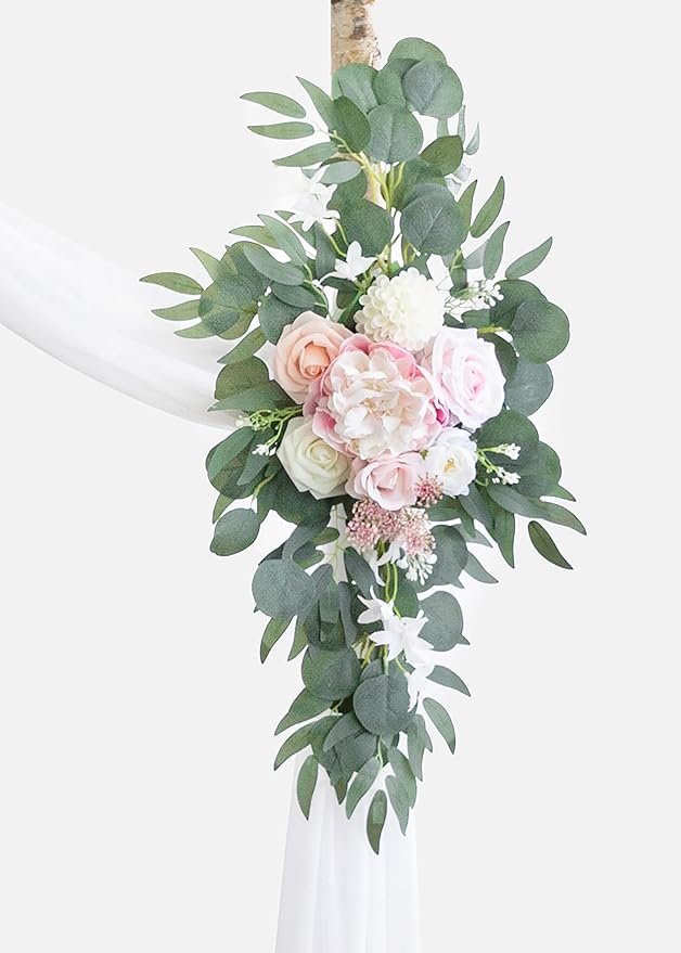 ponatia Artificial Wedding Arch Flowers with 26Ft Arch Draping Fabric, Pink Wedding Flowers for Wedding Welcome Signs Floral Decorations and Wedding Reception Ceremony Decor (Blush Pink & Ivory)