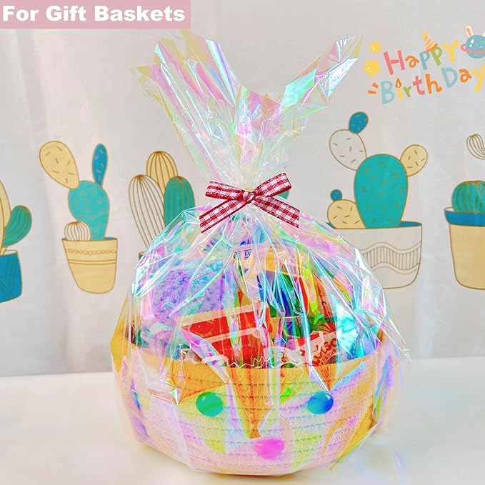 SYOGUA 82 Ft x 17 In Cellophane Roll Extra Wide Iridescent Cellophane Wrap Gift Baskets Wrapping Plastic for Basket, Treats, DIY Crafts, Birthday Gifts