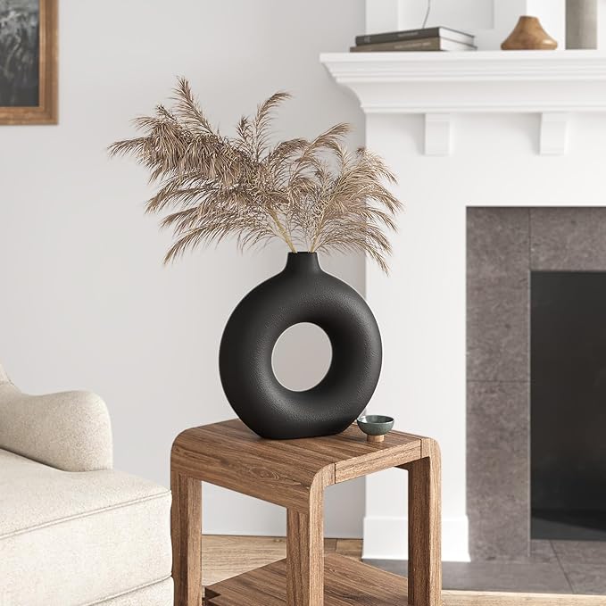 Black Doughnut Vase, Modern Minimalist Hollow Ceramic Vase for Pampas Grass, Dried Flowers, Farmhouse Bohemian Style, 5.7 Inch Small Flower Vases for Home Decor, Living Room, Table, Shelves
