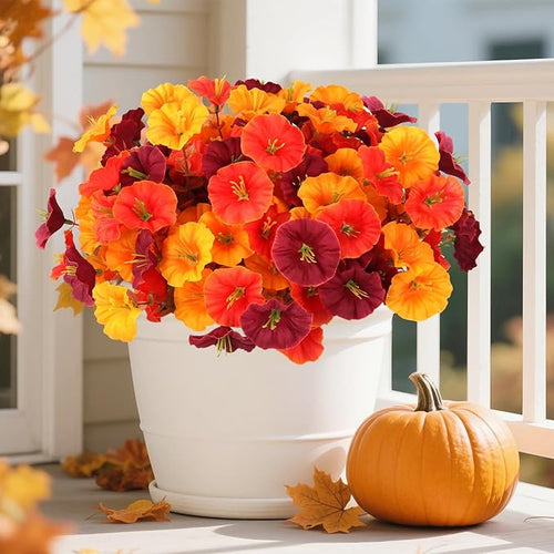 10Pcs Artificial Fall Outdoor Flowers Mums, Faux Silk Realistic Morning Glory Floral Arrangement Planter UV Resistant for Porch Patio Window Box Balcony Garden Decor (10, Fall 3 Colors)