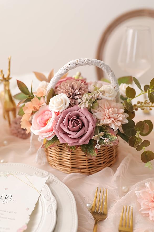 Artificial Flowers Combo Box Set Gradient Color Flower Leaf with Stems for DIY Wedding Bouquets Centerpieces Baby Shower Party Home Decorations（Pink Purple）