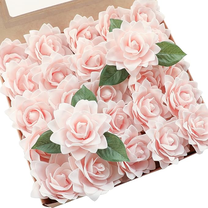 Floroom Artificial Gardenia Flowers 2.7" 25pcs Real Looking Blush Foam Fake Flowers with Stems for DIY Wedding Bouquets Pink Bridal Shower Centerpieces Floral Arrangements Party Tables Decorations