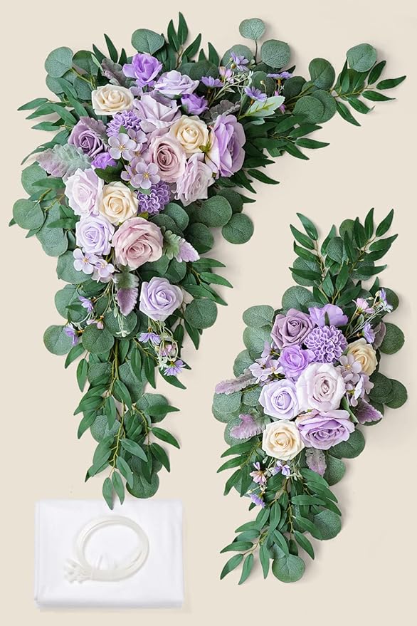 ponatia Purple Wedding Arch Flowers Kit (Pack of 3) with 26Ft White Arch Draping Fabric, Wedding Flowers Garlands Floral Arrangement Swag for Ceremony and Reception Wedding Decoration (Dusty Lilac)