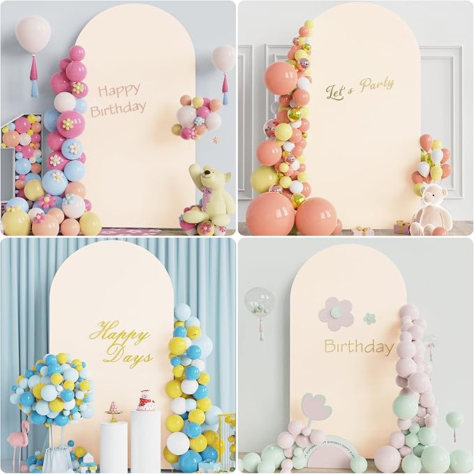 Putros 7.2ft Metal Arch Stand with Cover Beige Spandex Fitted Wedding Arch Cover and Round Top Chiara Backdrop Stand Set for Birthday Party Baby Shower Decoration
