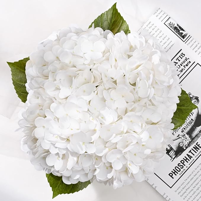 BLEUM CADE Luxury PU Fake Flowers in Vase with Faux Water, White Real Touch Hydrangea Artificial Flowers with Glass Vase for Office Home Dining Room Centerpiece Table Decorations