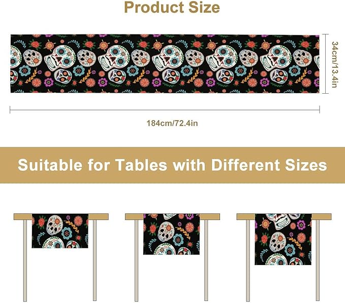 Gothic Skull Table Runner,Vintage Style Colourful Table Runner for Home Kitchen Table Dining Garden Farmhouse Wedding Party Decor 13x70 Inch