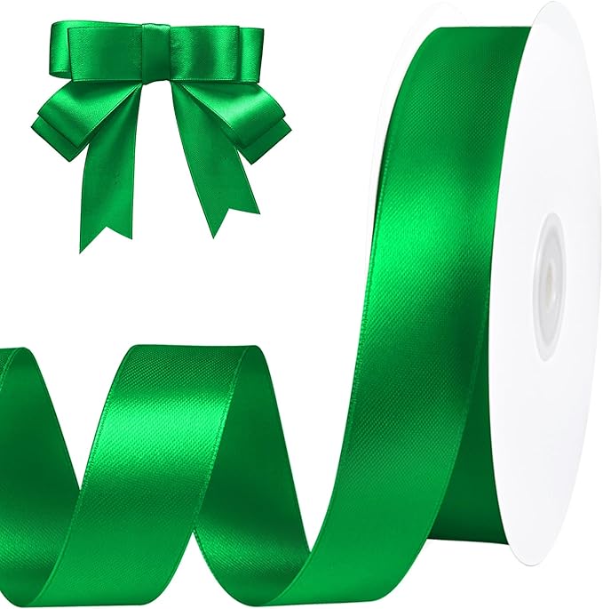 Green Ribbon 1 inch 60 Yards Christmas Ribbon Double Faced Green Satin Ribbons for Gift Wrapping Crafts Hair Bows Home Party Christmas Decorations