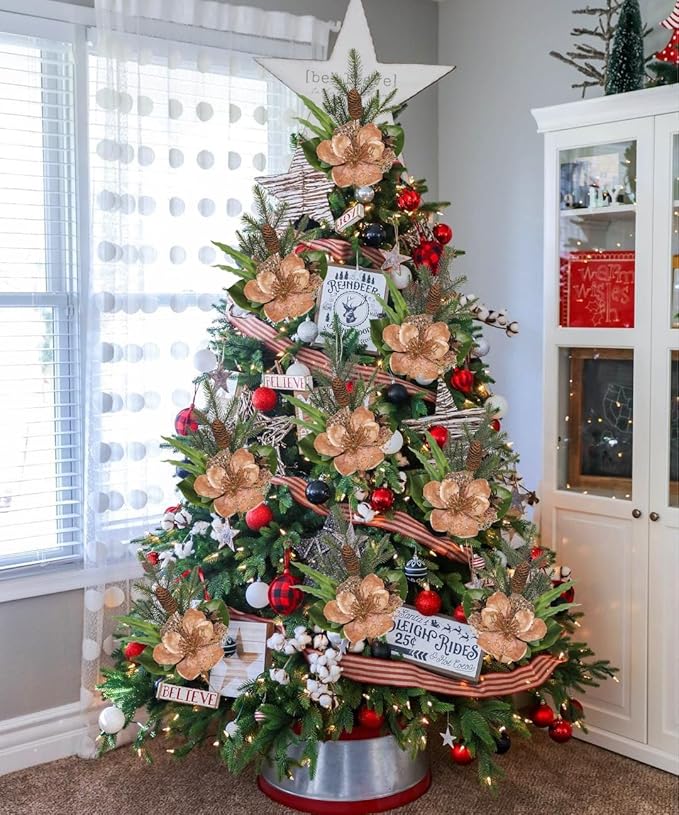 Briful 2 Pack 18.9in Christmas Magnolia Flower Picks, Artificial Magnolia Flower Spray with Pinecones for Xmas Tree Vase Floral Arrangements Wreath Decor