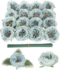 16pcs Silk Rose Head Light Blue Austin Roses Vintage Burnt Flower Artificial Flower Head with Stems for DIY Flower Wedding Bouquets Centerpieces Home Decoration (Light Blue)