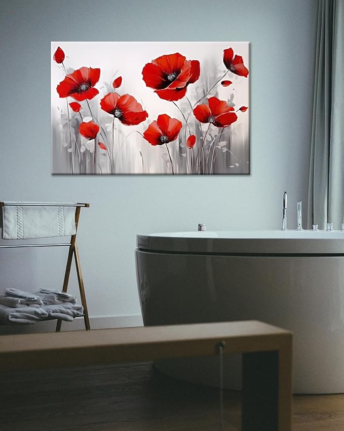 GLOKAK Red Poppies Wall Art - Modern Floral Red Poppy Flower on Grey Background Painting Poster Canvas Print Artwork For Home Bathroom Bedroom Decoration (20"x30")
