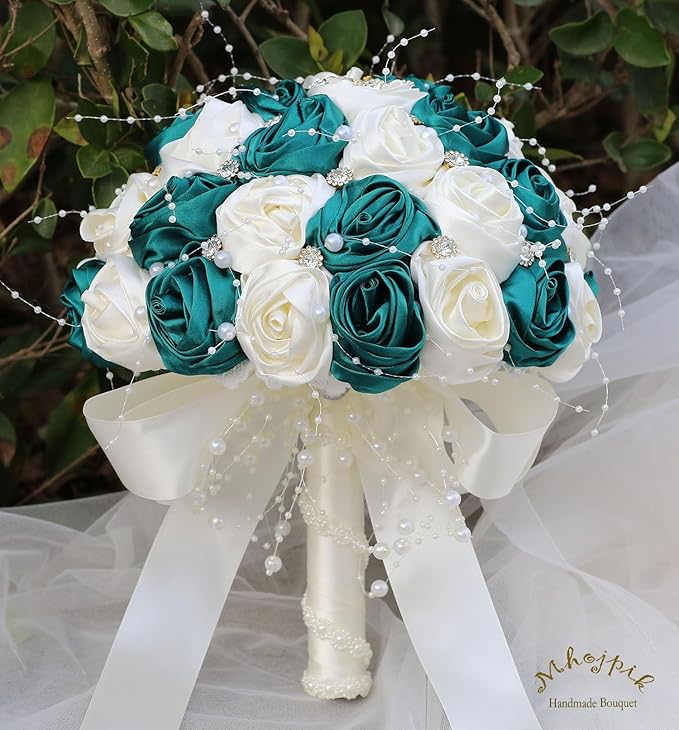 Bridal Wedding Bouquet Round Bling Brooch Bouquet Throw Toss Artificial Rose Flower Bunch for Bride Bridesmaid Wedding Quinceanera(Dark Green & Ivory, 9.8")