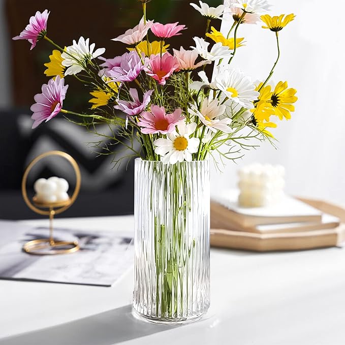Muyan 7.5" Flower Vase for Decor Ribbed Glass Vase Modern for Centerpieces Desktop Home Office Dining Living Room Wedding (Clear)