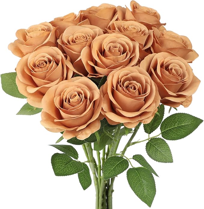 12pcs Roses Artificial Flowers Terracotta Fake Roses Flowers with Long Stems Silk Flowers for Wedding Bouquet Centerpices Decorations Party Bridal Baby Shower Home Decor