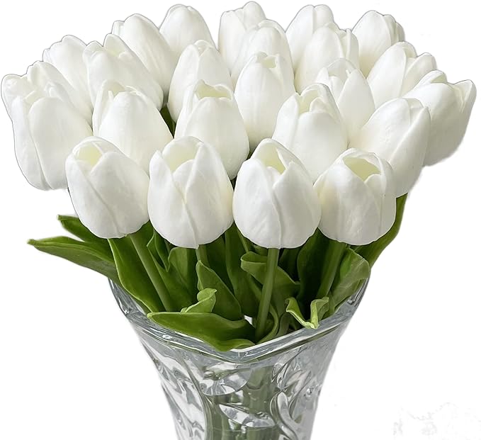 UKELER 24 Pcs Pure White Flowers Fragrant Artificial White Tulip Flowers for Floral Home Decorations Centerpieces Arrangement Wedding Bouquet