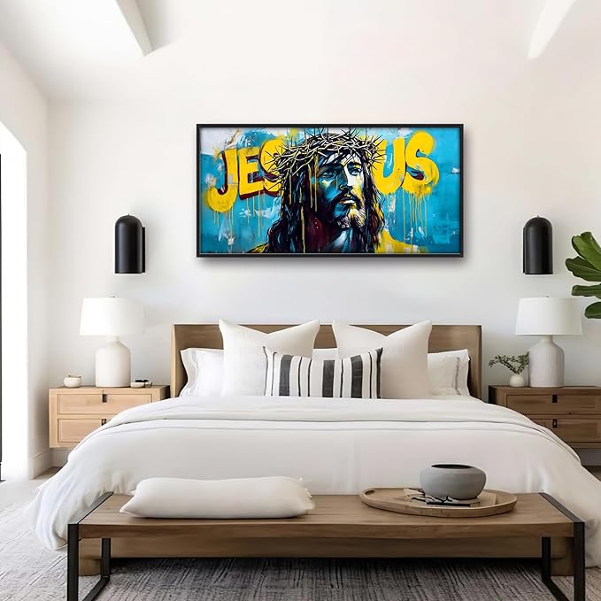 Banksy Jesus Large Wall Art Graffiti Framed Wall Decor for Living Room Pop Street Pictures Oversized Canvas Print Painting Modern Extra Large Framed Artwork for Bedroom Office 60"x30"