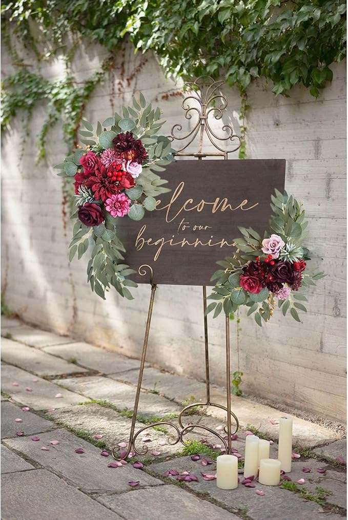 Faux Flower Swag Set of 2, Burgundy Artificial Flowers Swags for Wedding Arch, Wedding Welcome Signs, Welcome Reception Ceremony Signs Decorations