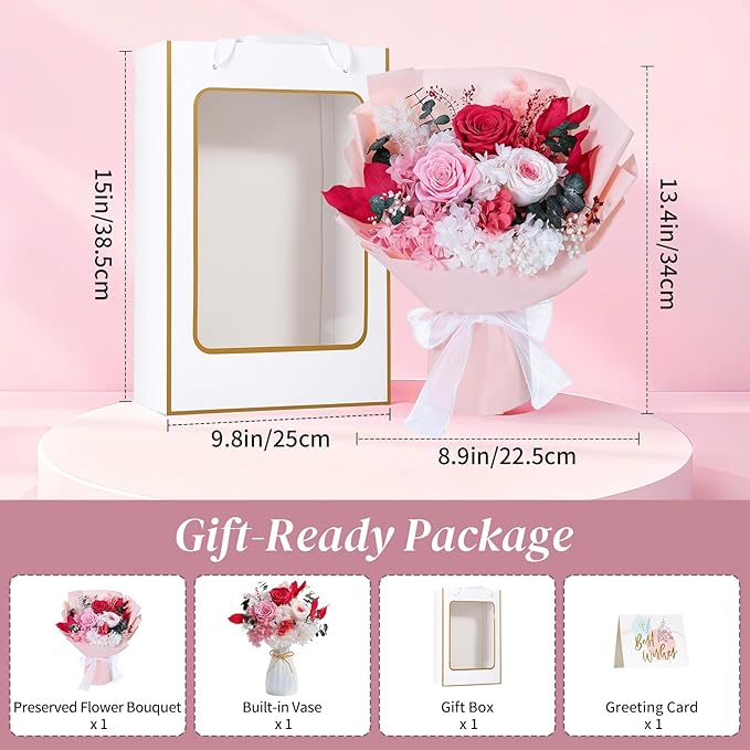 Lewondr Flower for Delivery, Preserved Flowers Bouquet, Pink Roses Bouquet, Real Long-Lasting Forever Birthday Flowers Gifts for Mom Women Wife Grandma Her Mothers Day Anniversary, Light Rose