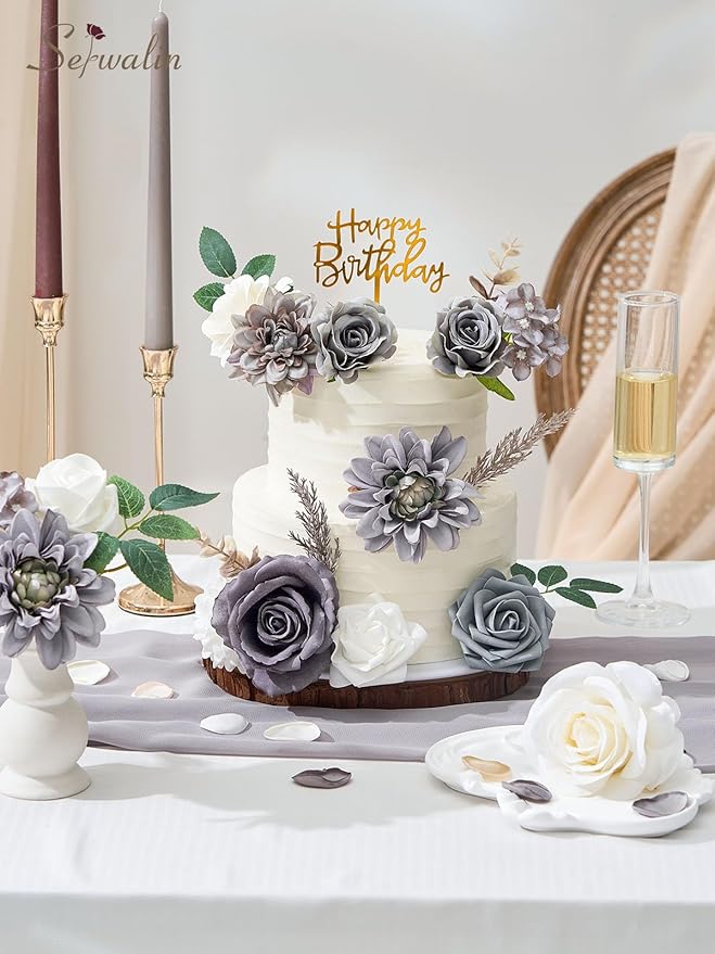 Serwalin Grey Artificial Flowers, Silk Fake Flowers for DIY Wedding Bridal Bouquets, Wedding Cake Flowers for Table Centerpieces Baby Shower Birthday Party Home Decorations