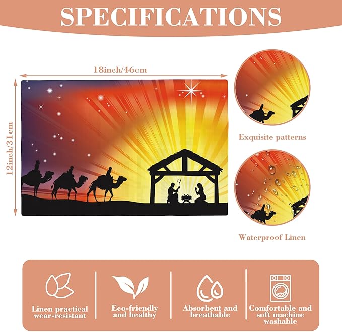 Christian Christmas Placemats Set of 4 Nativity Scene Place Mats Washable Table Dinner Mats Linen Table Mats for Kitchen Dining Party Home Kitchen Decor 12x18 Inch